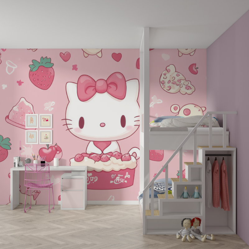 Papier peint hello kitty gateau mur chambre fille
