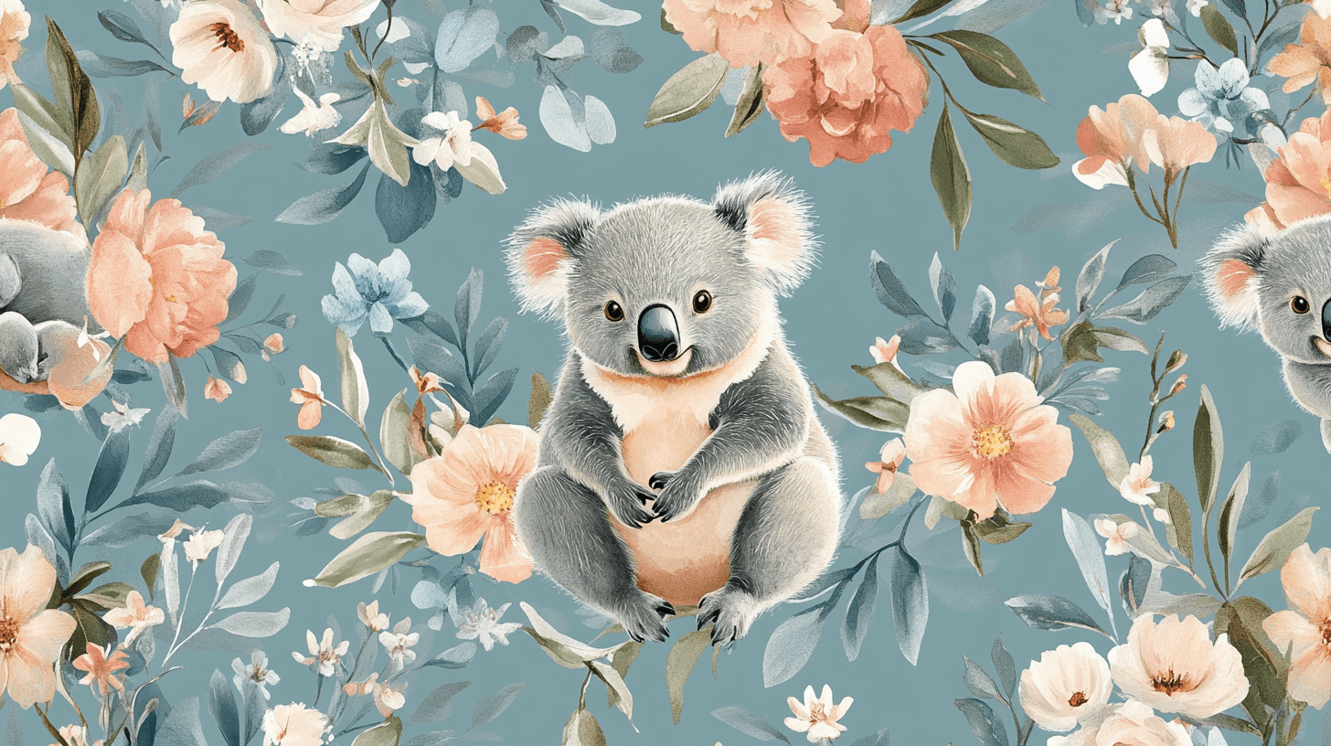Papier Peint Koala Et Tapis De Fleurs