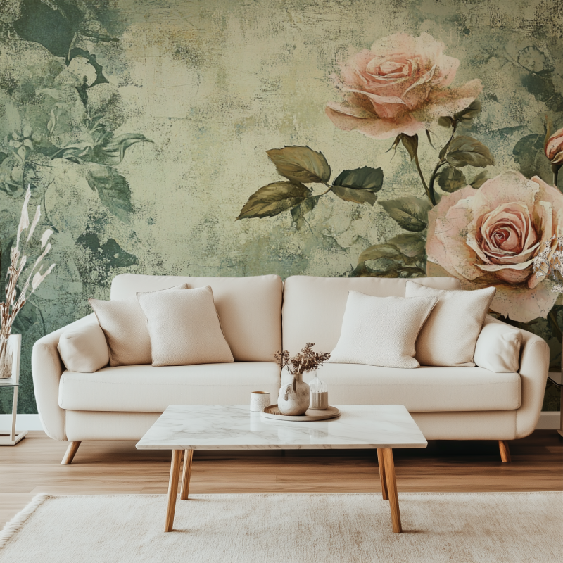 Papier peint vintage fleuries canape simple