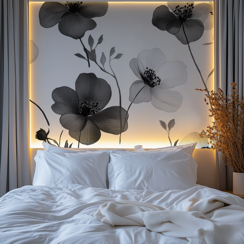 Papier peint fleur epure noir et blanc chambre premium
