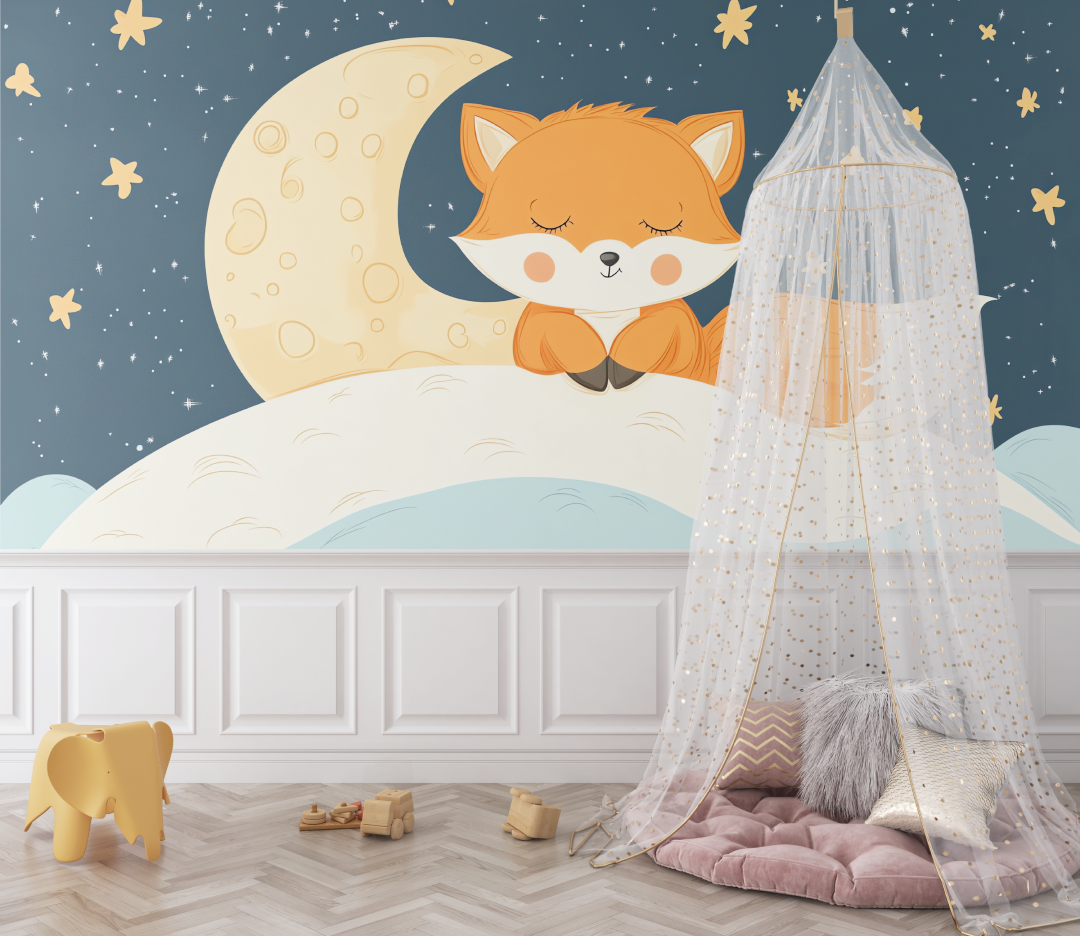 Papier peint renard et nuages bebe