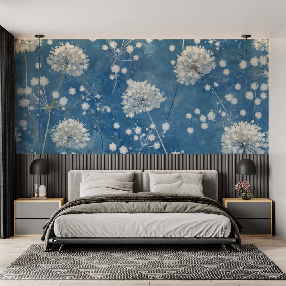 Papier peint fleur de pisselit bleu chambre adulte tendance