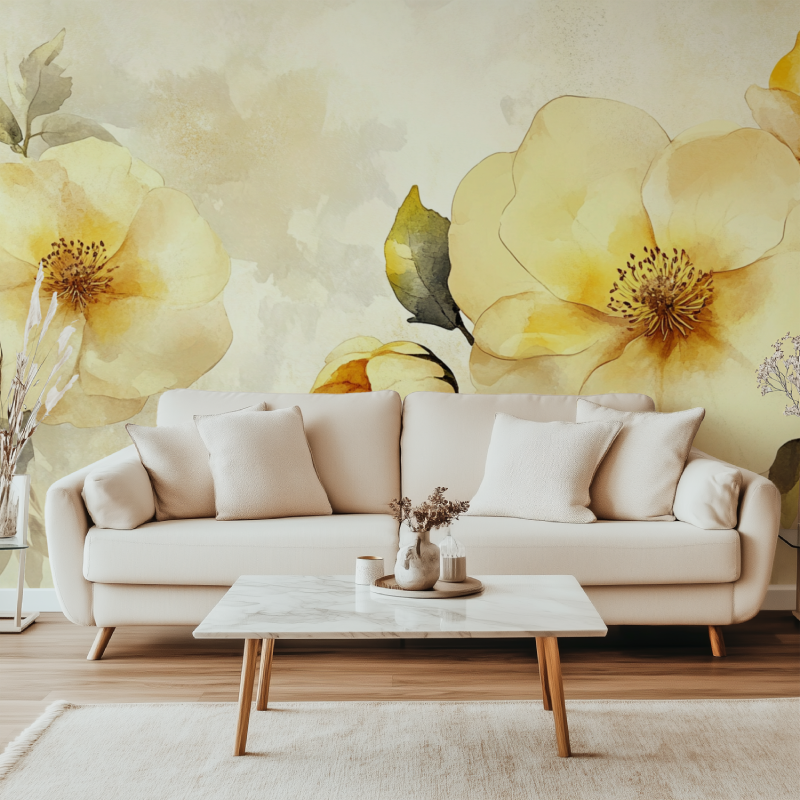Papier peint fleur jaune canape simple