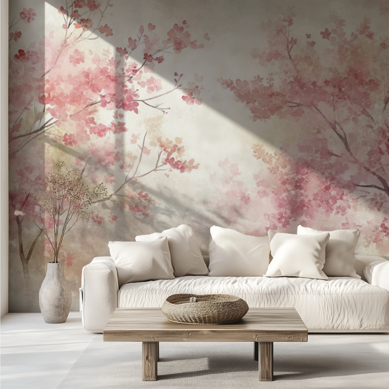 Papier peint arbre rose canape tendance