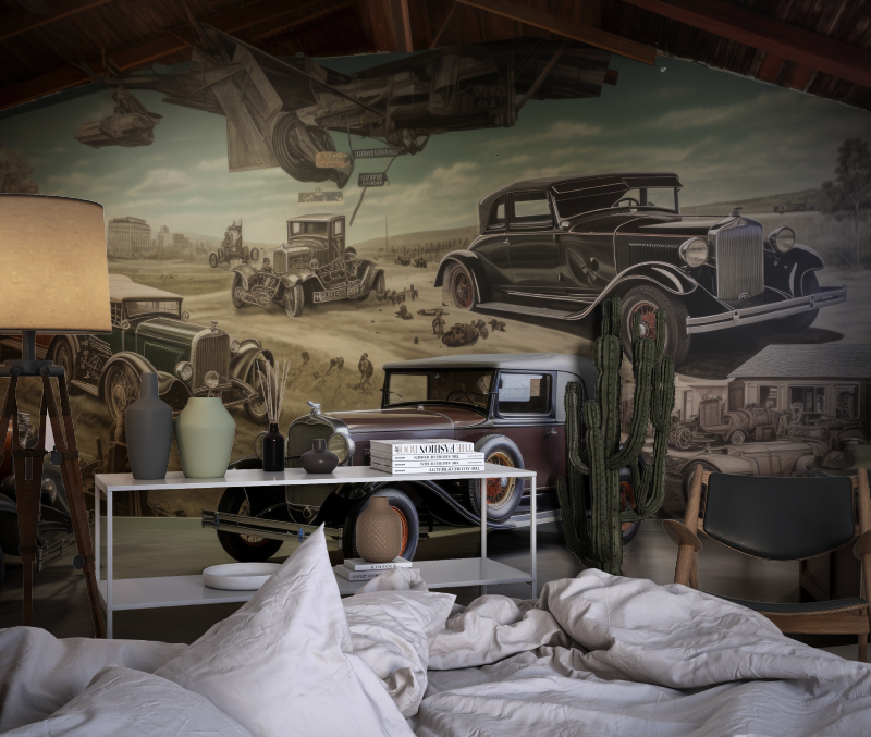 Papier peint voiture ancienne chambre dado1