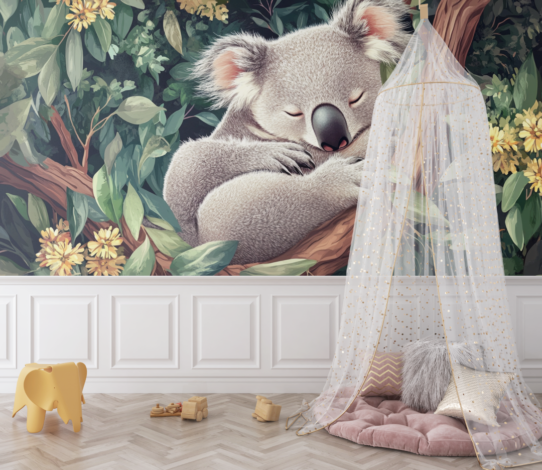 Papier peint koala dans un cocon de feuilles bebe