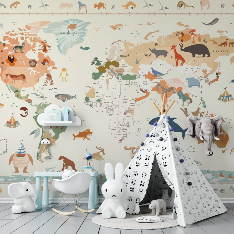 Papier peint carte du monde ani...bre enfant tapisserie murs