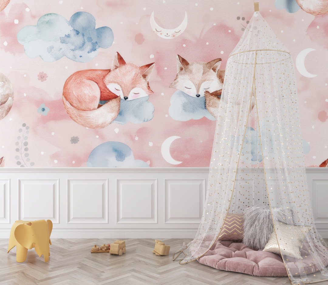 Papier peint renard ballon rose bebe