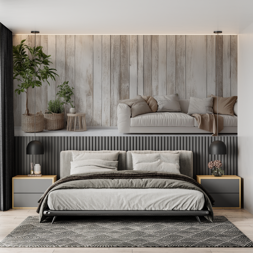 Papier peint trompe loeil bois ...te chambre adulte tendance