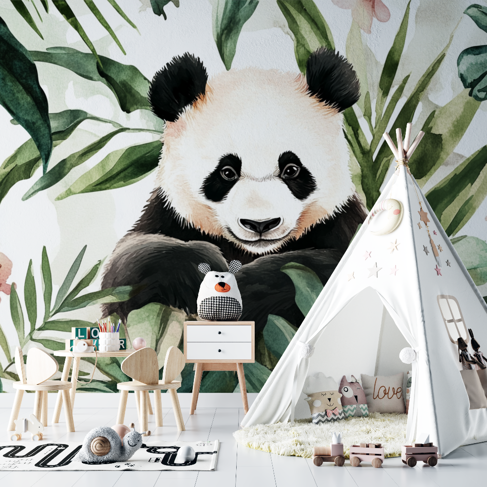 Papier peint panda et feuillage tropical chambre bebe