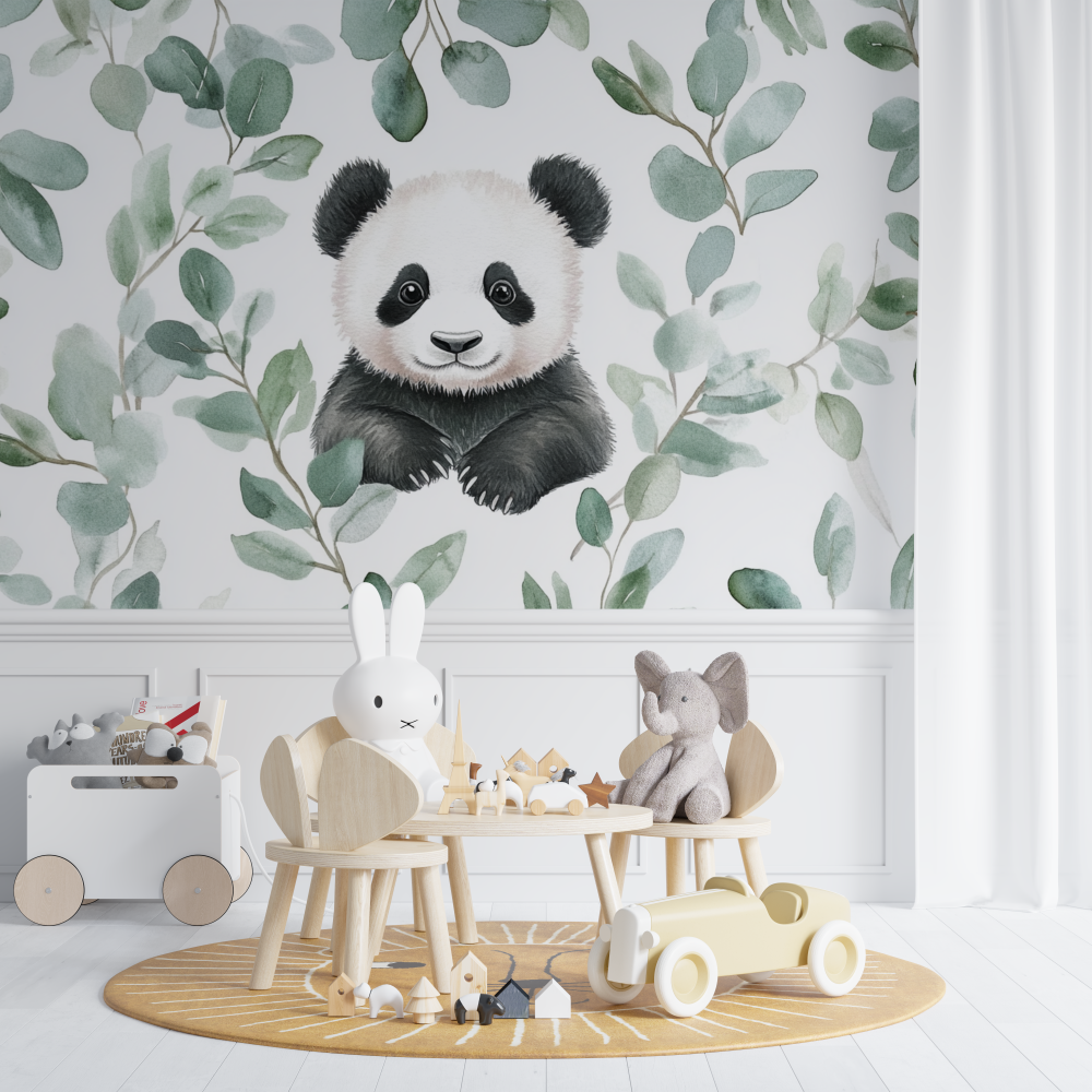 Papier peint panda et feuilles deucalyptus chambre de bebe