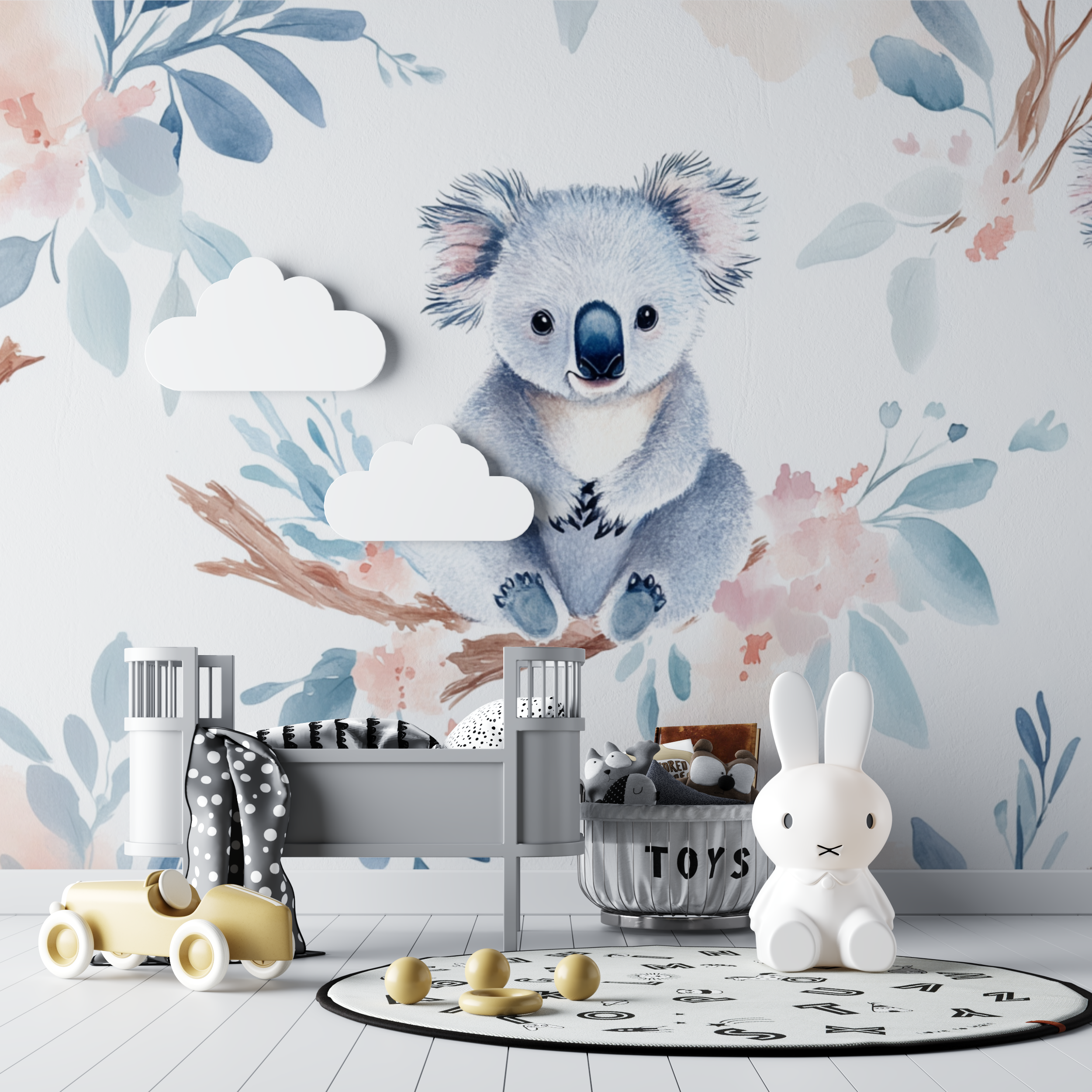 Papier peint koala entoure de plumes legeres bebe tipi