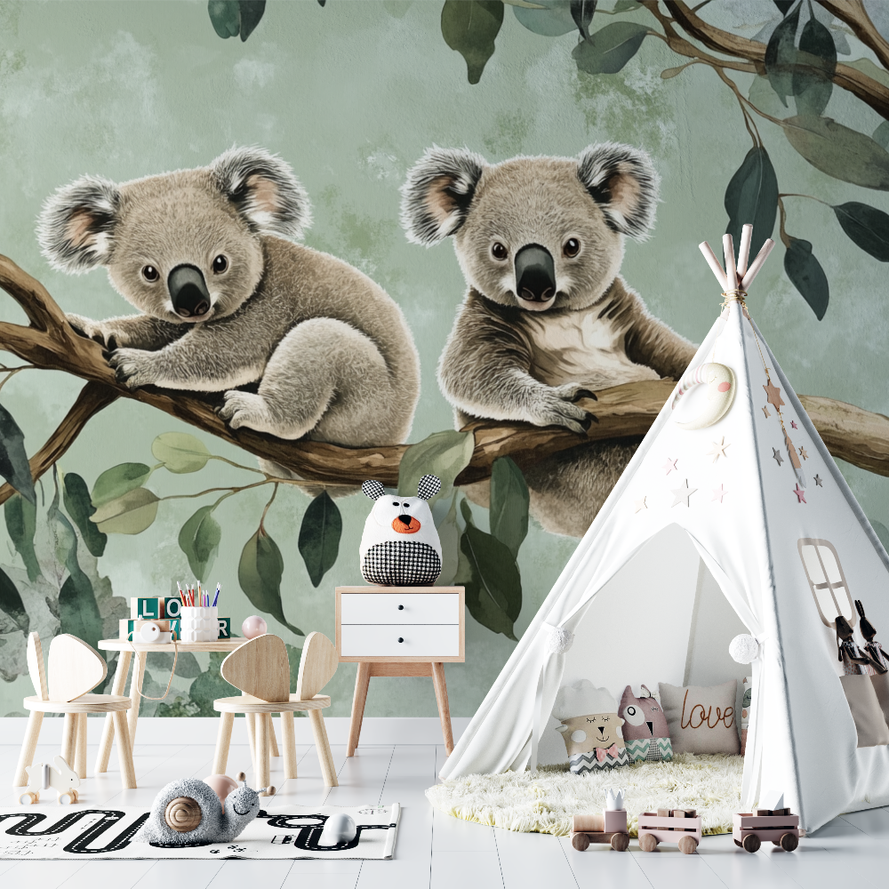 Papier peint koala et ombres vegetales chambre bebe