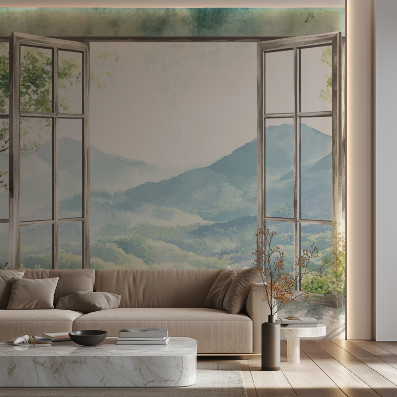 Papier peint fenetre trompe loeil canape neon