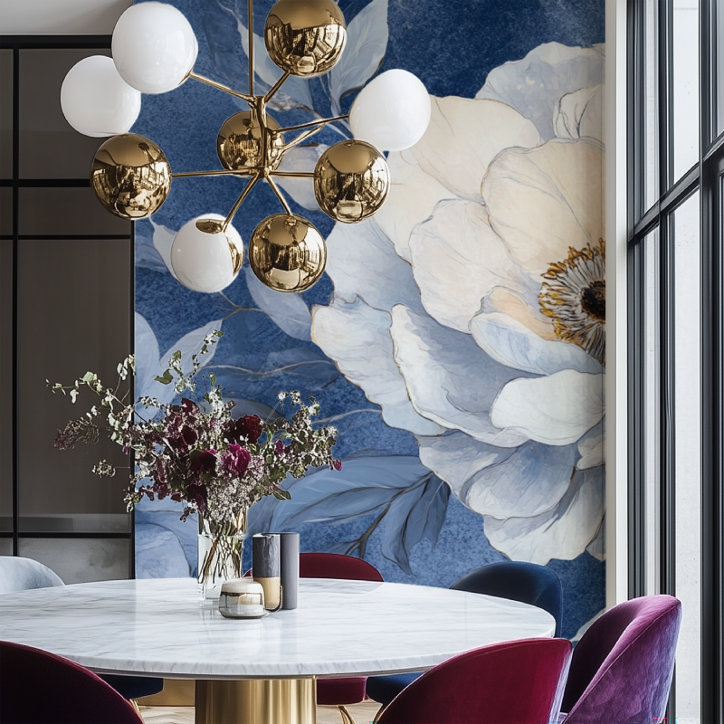 Papier peint fleur bleu marine salon chaise