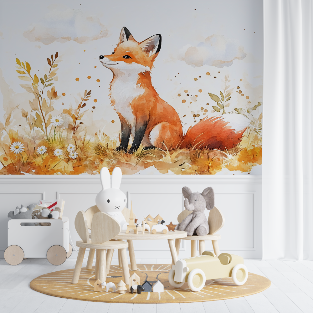 Papier peint renard bebe aquarelle chambre de bebe