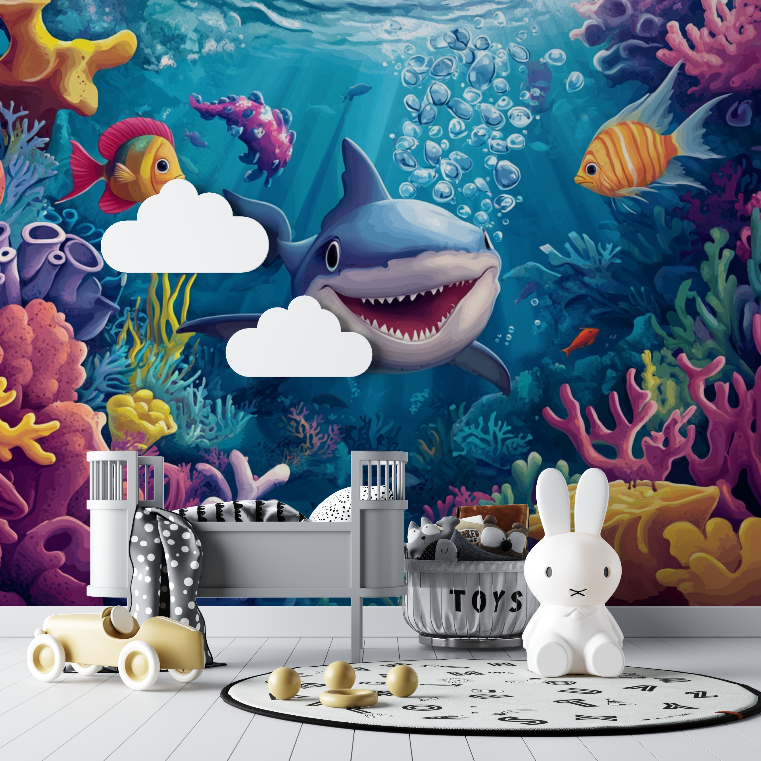 Papier peint marin poulpe rouge et requin bebe tipi