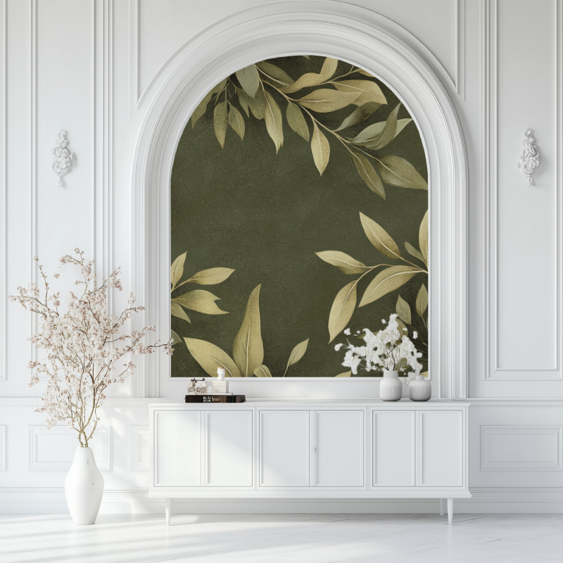 Papier peint vintage motif feuille salon blanc