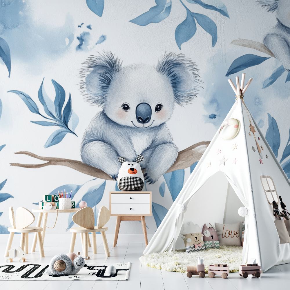 Papier peint koala entoure de plumes legeres chambre bebe