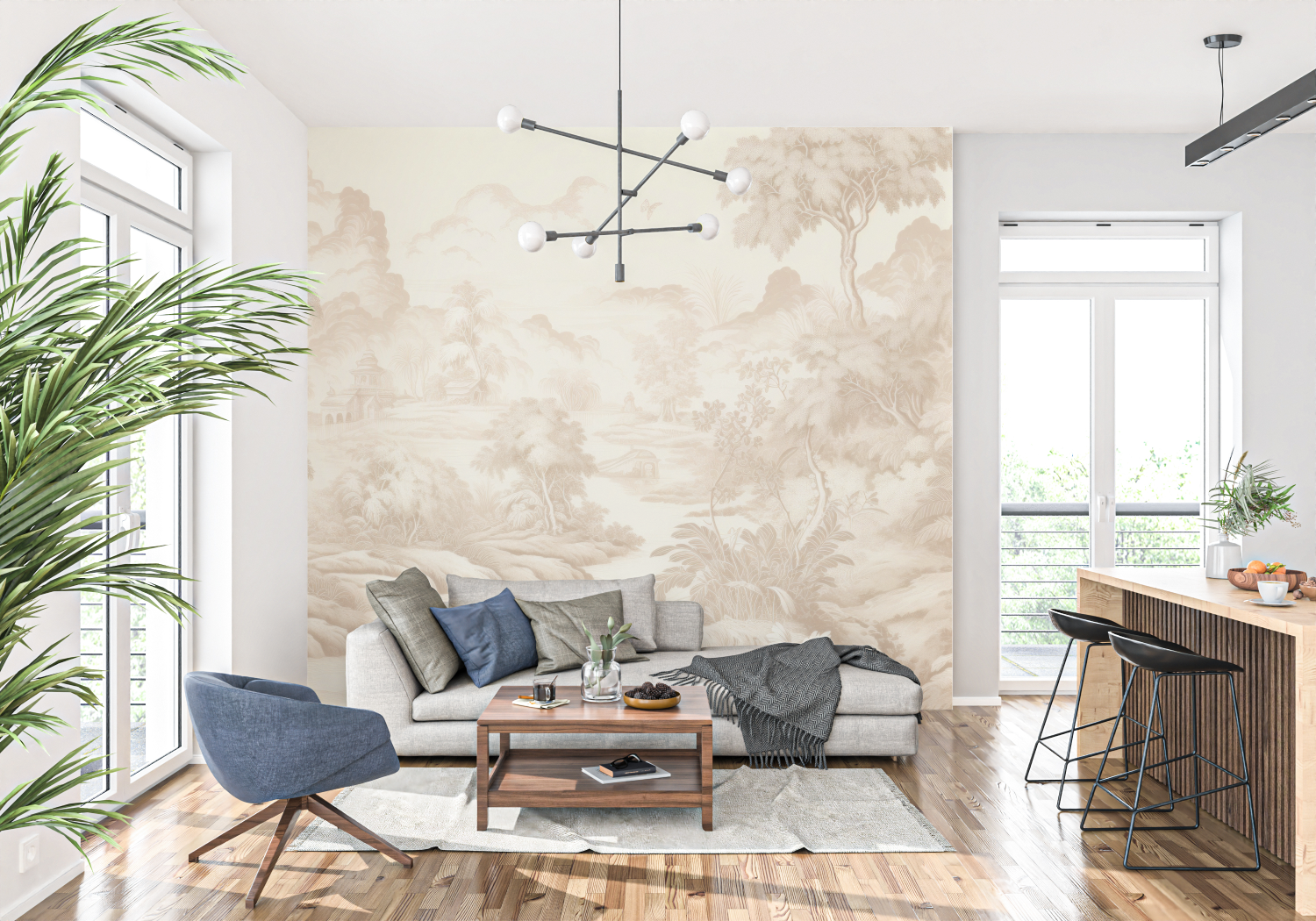 Papier Peint Toile De Jouy Beige - panoramique tendance