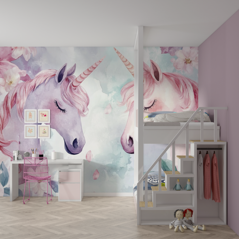 Papier peint tapisserie licorne duo mur chambre fille