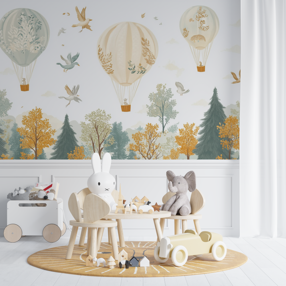 Papier peint montgolfiere et an...e la foret chambre de bebe