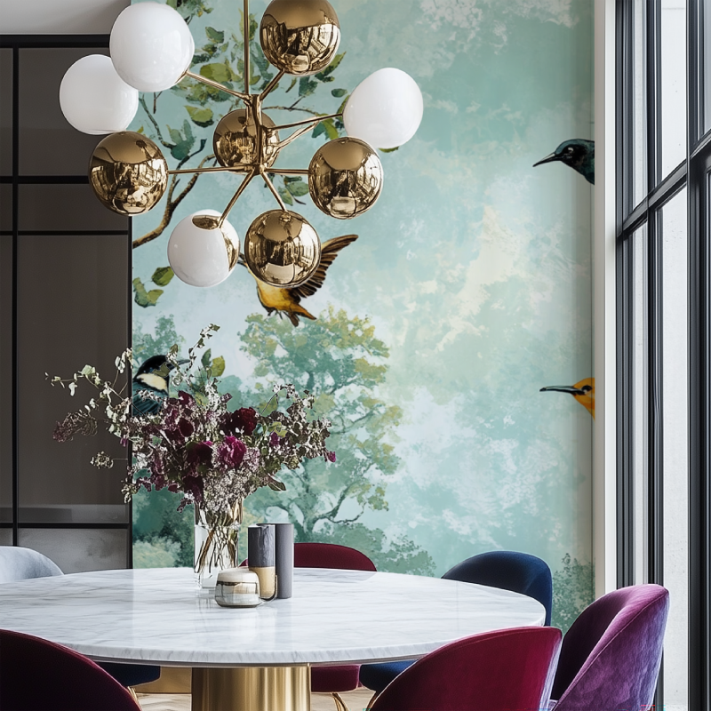 Papier peint arbre aux oiseaux salon chaise