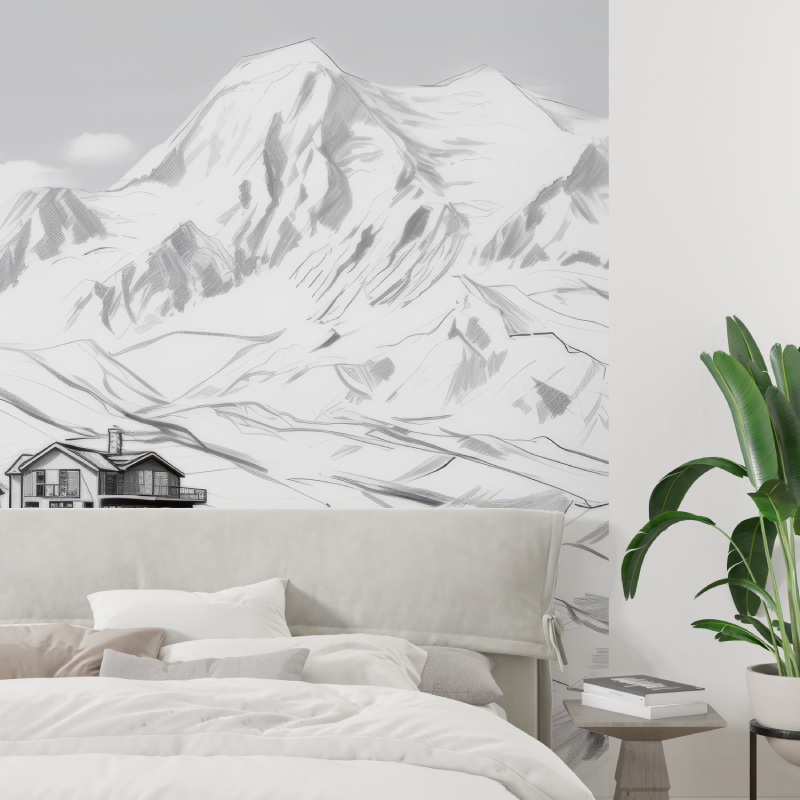 Papier peint noir et blanc chalet dessin tapisserie tendance