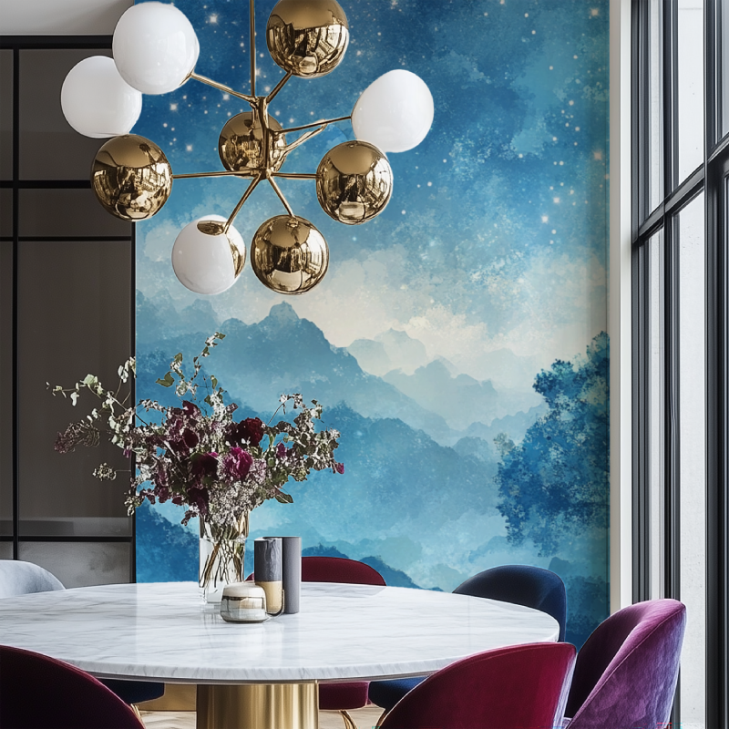 Papier peint arbre etoile salon chaise