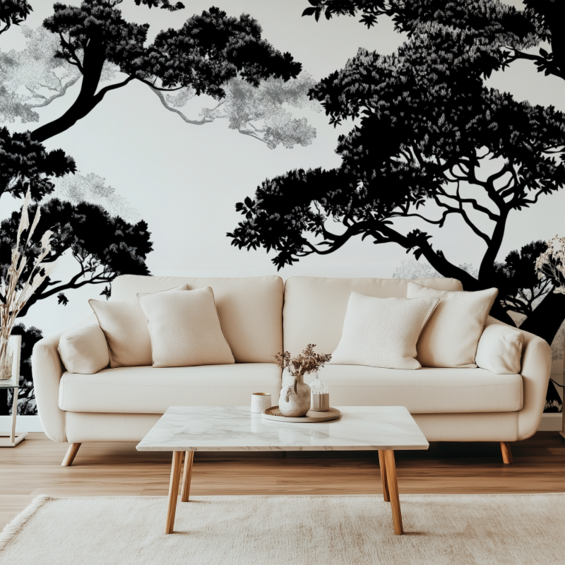 Papier peint arbre fin canape simple
