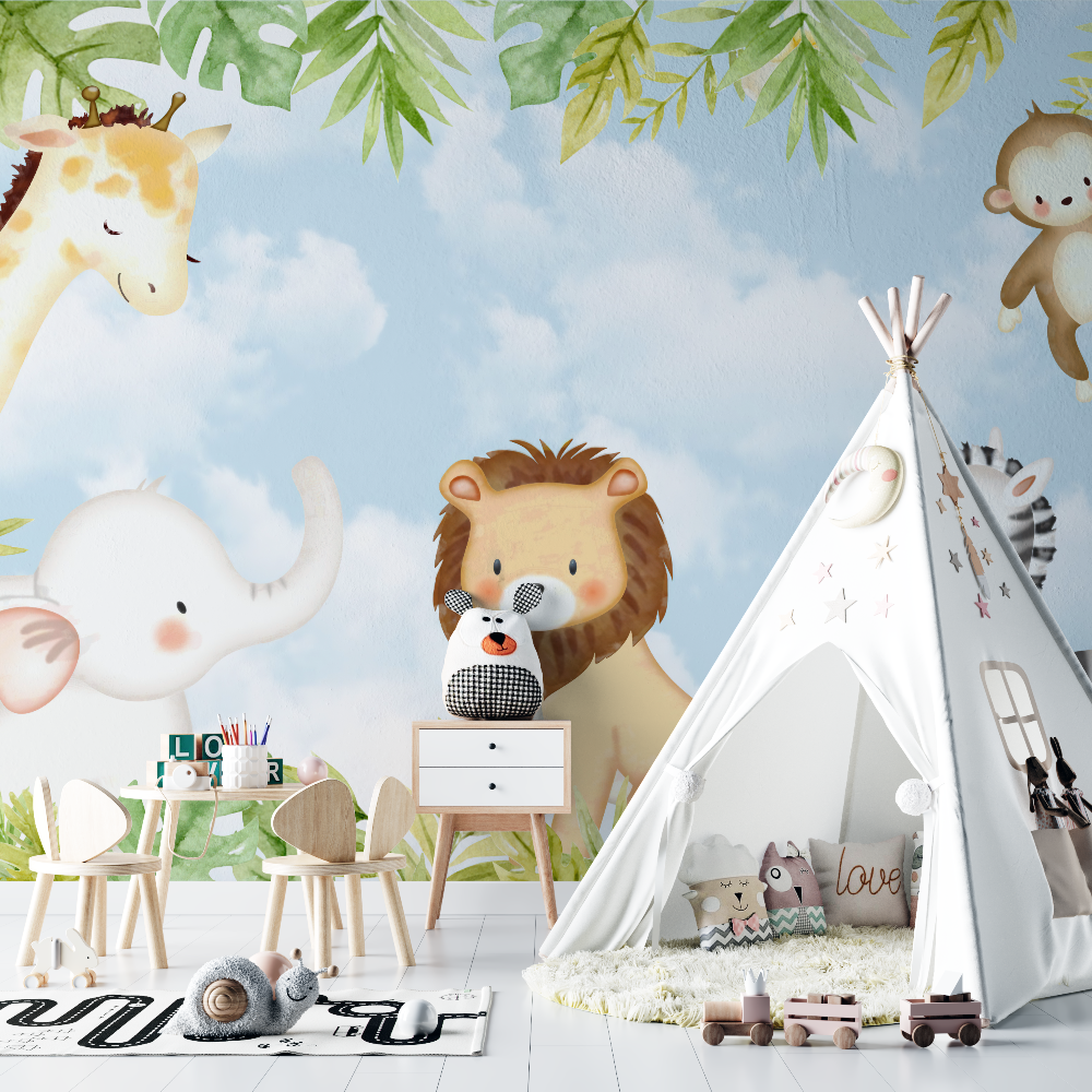 Papier peint lion amis de la savane chambre bebe