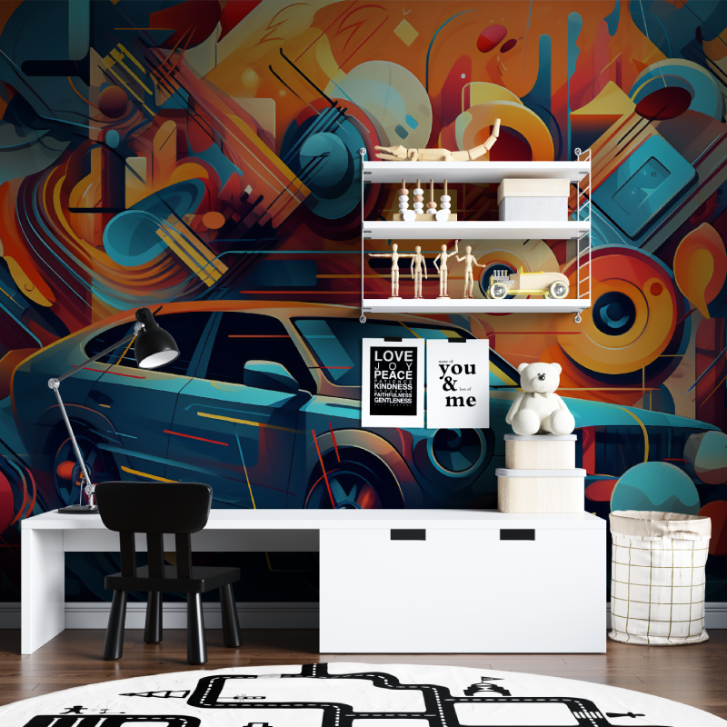 Papier peint voiture multicolore tapisserie chambre ados