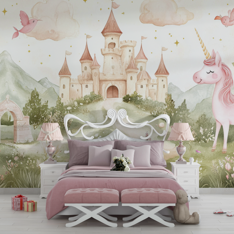 Papier peint decoration licorne... et chateau chambre filles