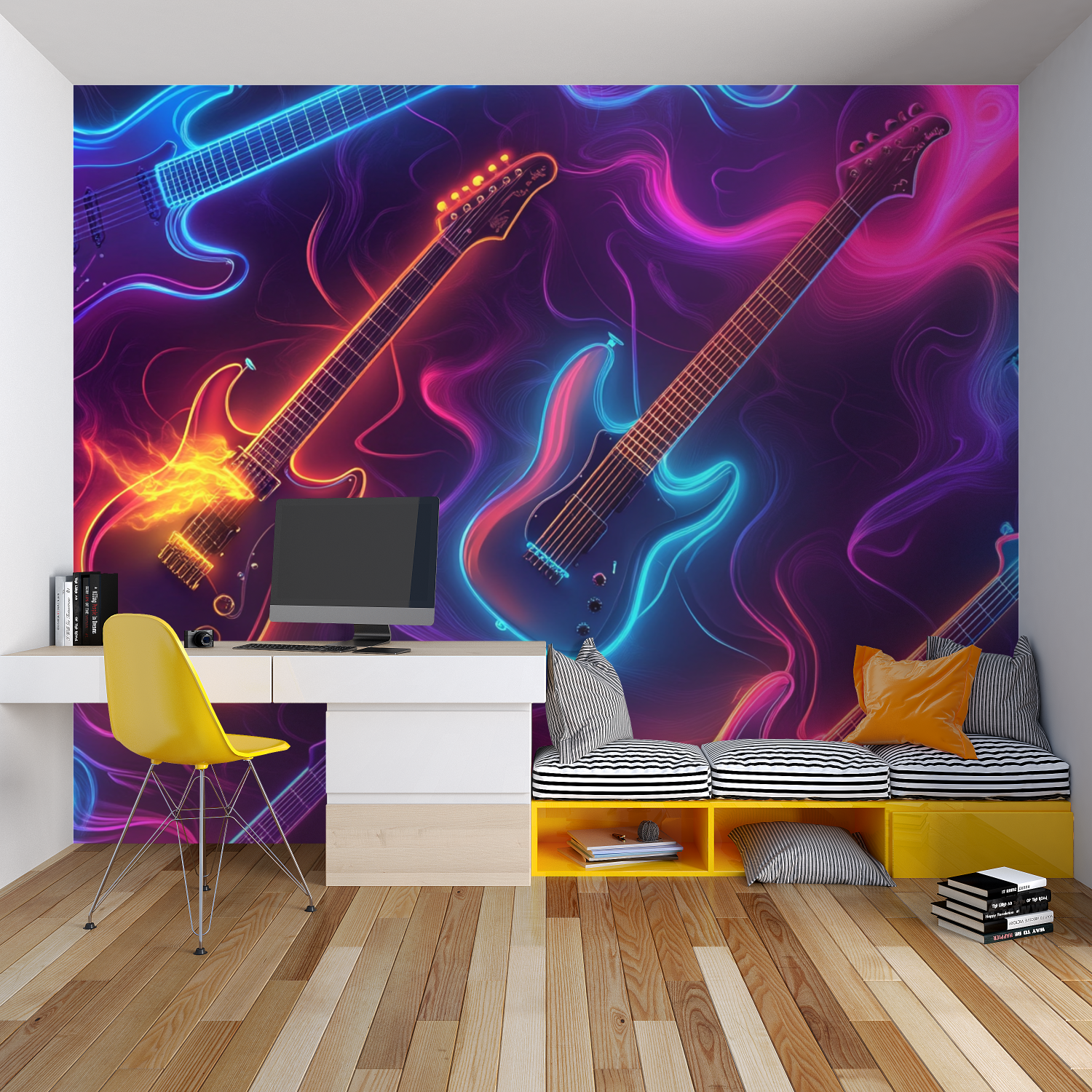 Papier peint imprime musique chambre garcon lit