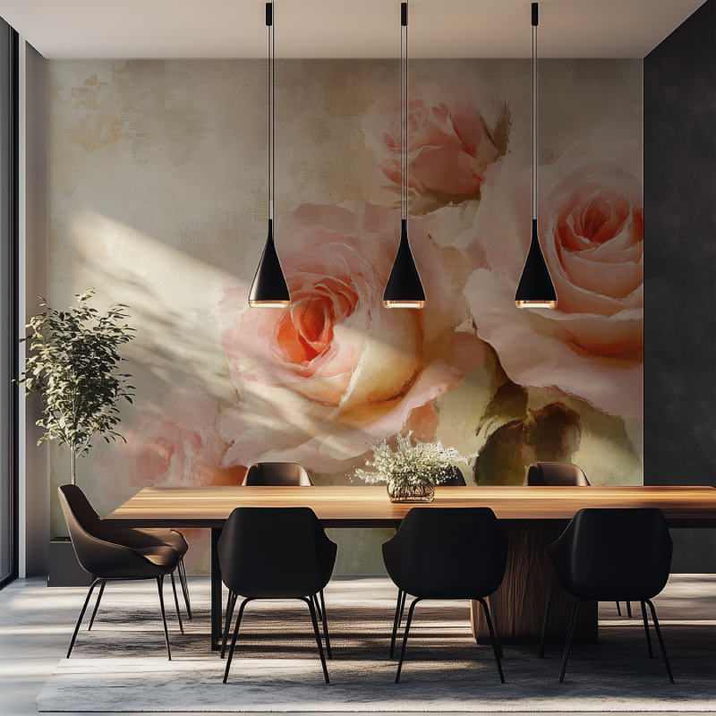 Papier peint fleur vintage rose salle manger tapisserie