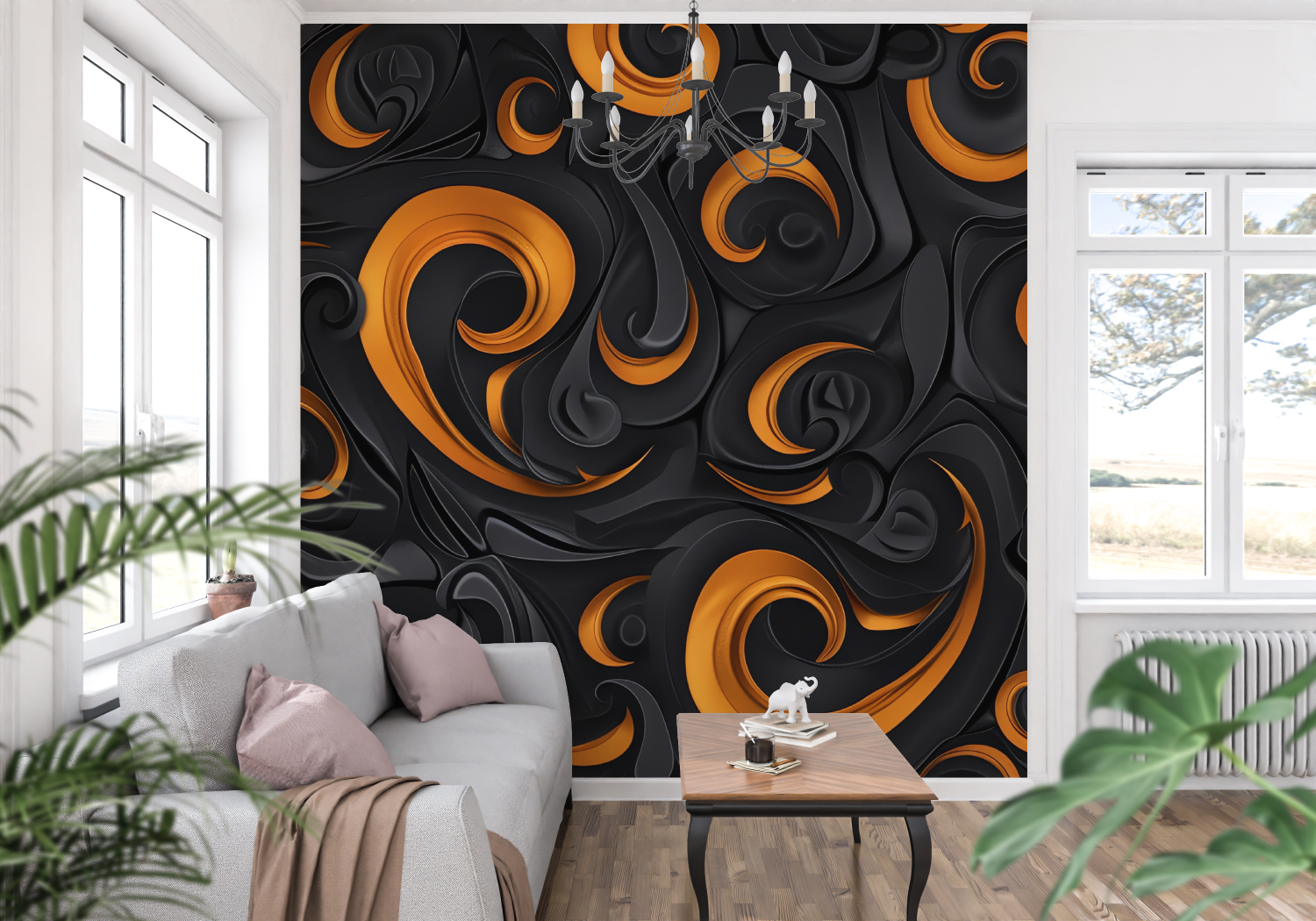 Papier Peint Orange Et Noir Abstrait - trompe l'oeil