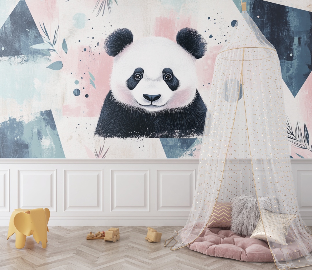 Papier peint panda et motifs geometriques bebe