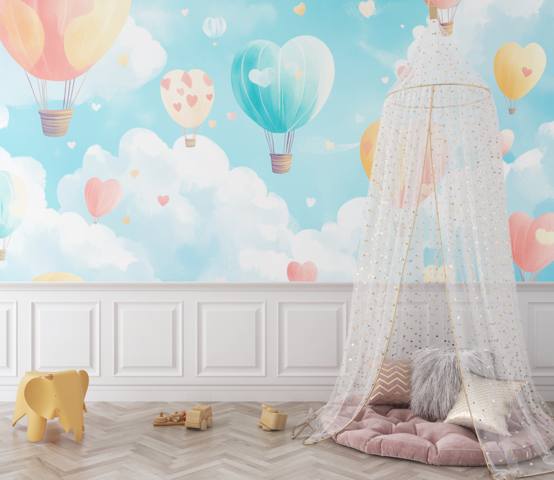 Papier peint montgolfiere et petits curs bebe