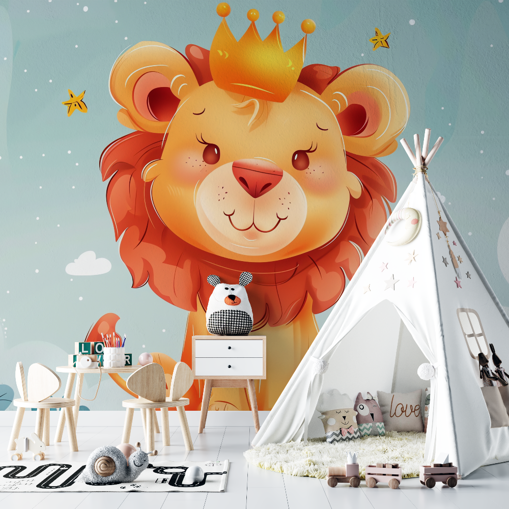 Papier peint lion couronne chambre bebe