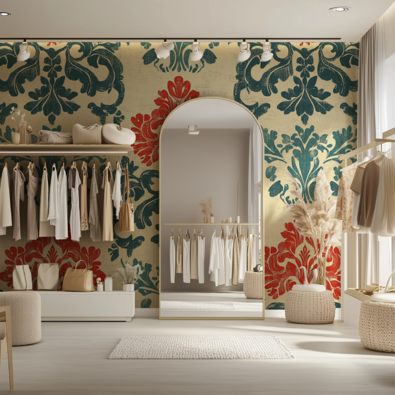 Papier peint vintage rouge et turquoise dressing