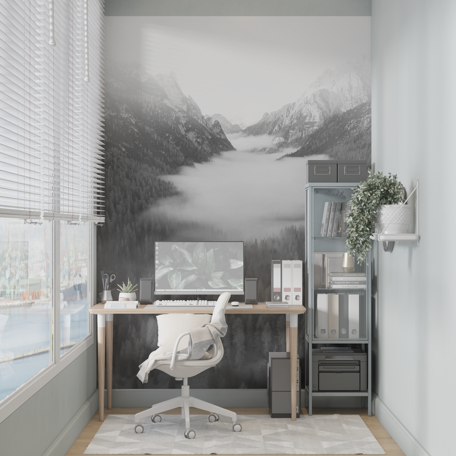 Papier peint aquarelle brume et montagnes merlin leroy