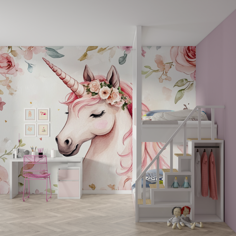 Papier pein theme licorne flamant mur chambre fille