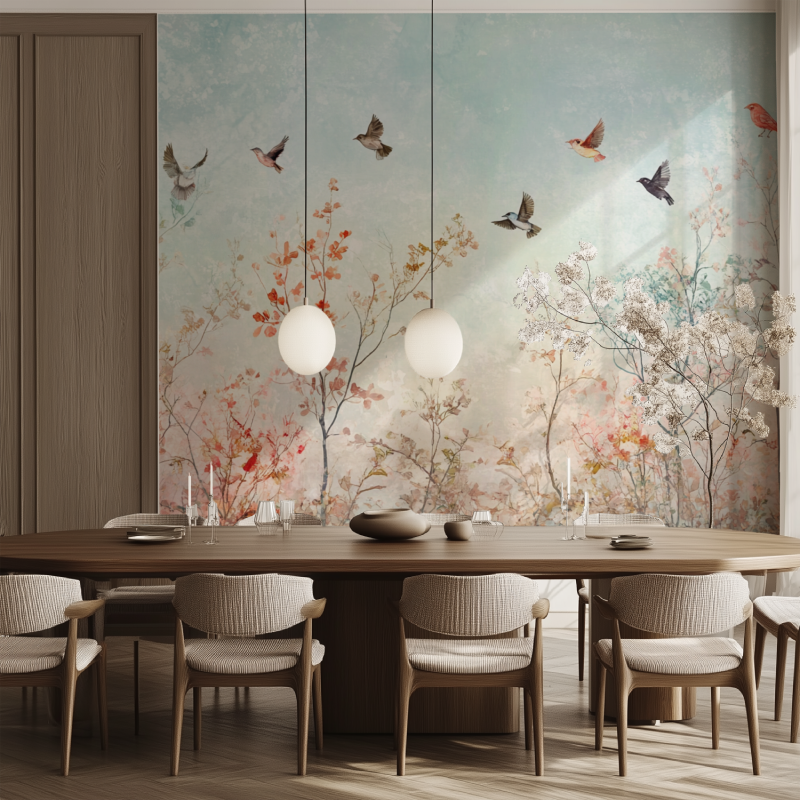 Papier peint arbre et oiseaux salle manger tendance