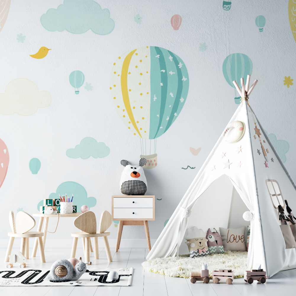 Papier peint montgolfiere et ballons colores chambre bebe