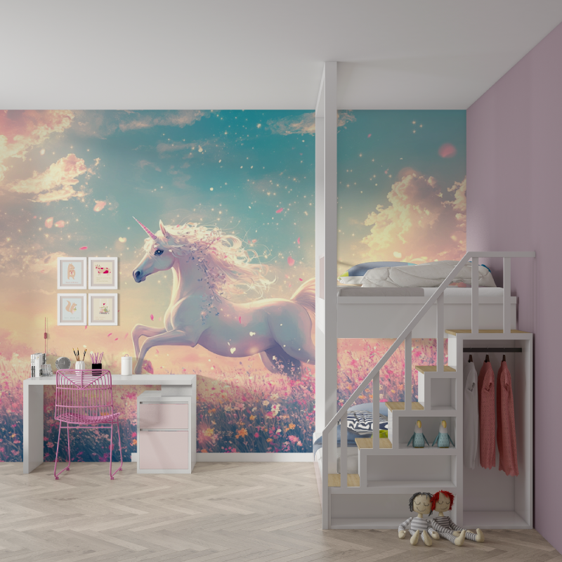 Papier peint licorne danseuse en fleur mur chambre fille