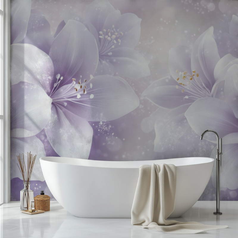 Papier peint fleur blanche sur fond lavande sdb
