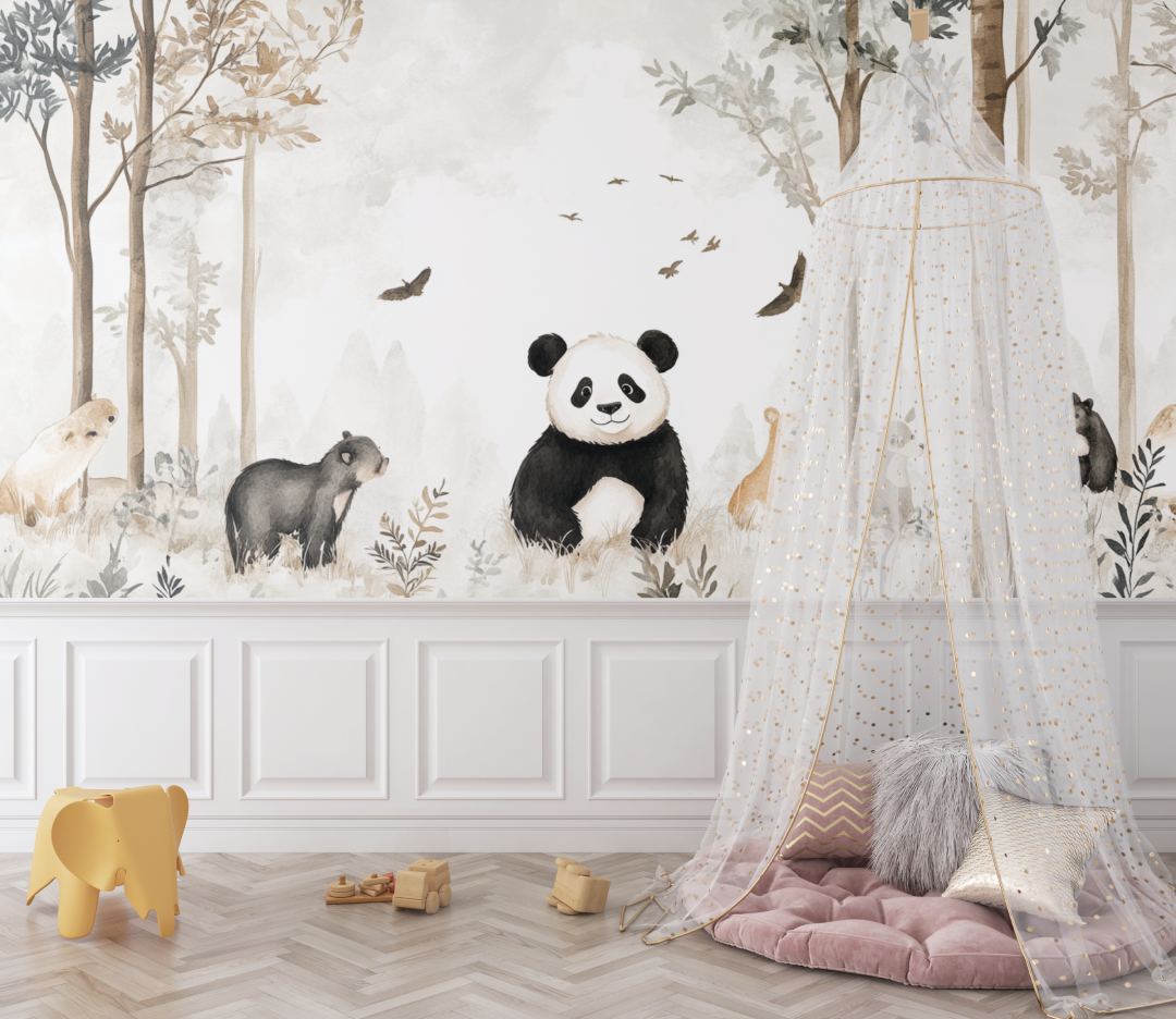 Papier peint panda et amis de la foret bebe