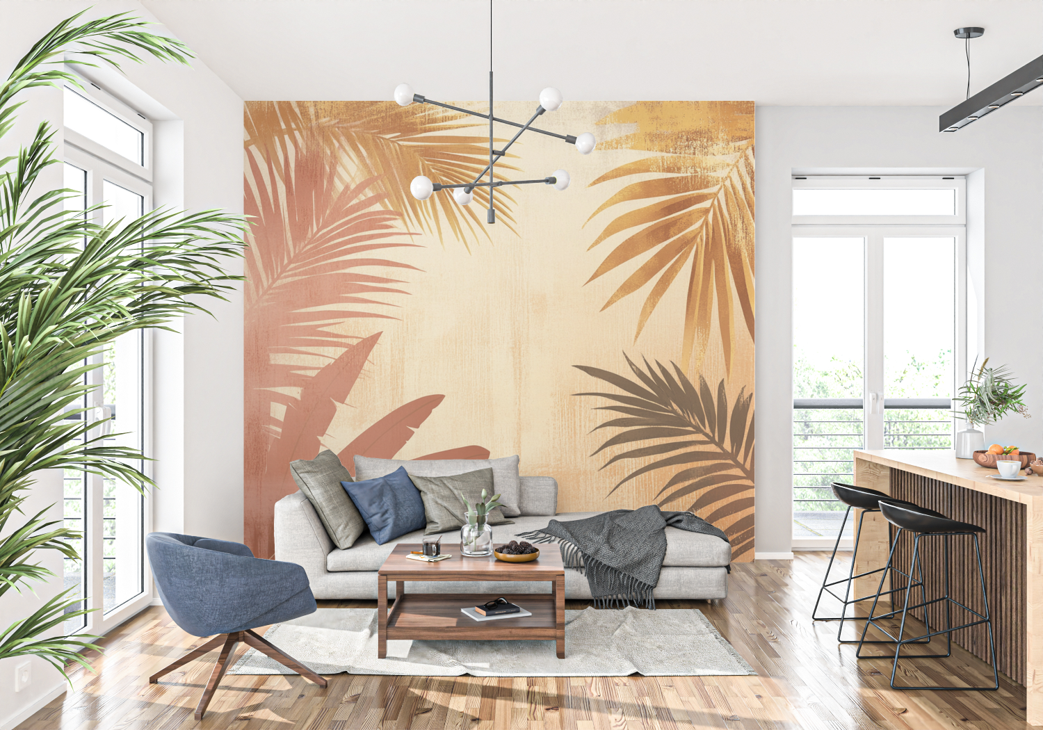 Papier peint terracotta avec palmiers stylises tapisserie