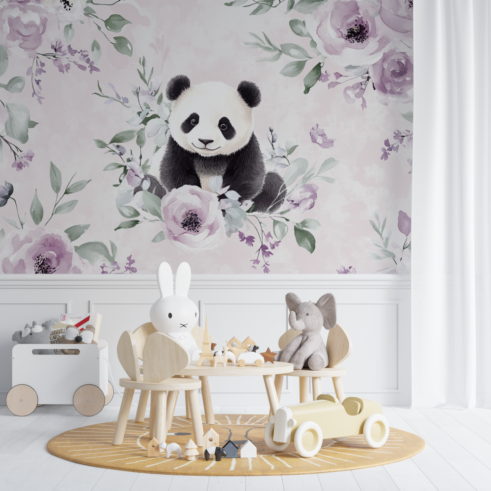Papier peint panda et fleurs delicates chambre de bebe