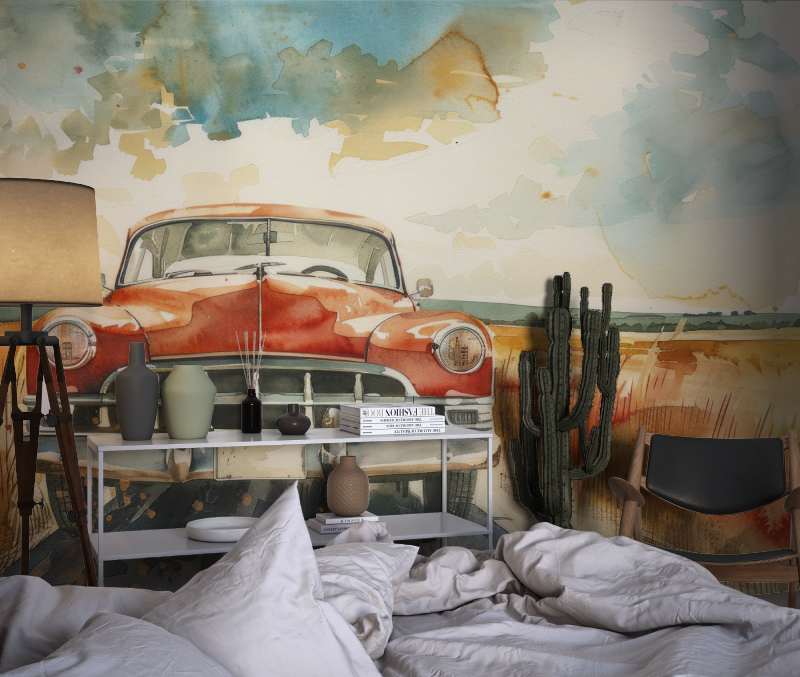 Papier peint voiture vintage style aquarelle chambre dado1